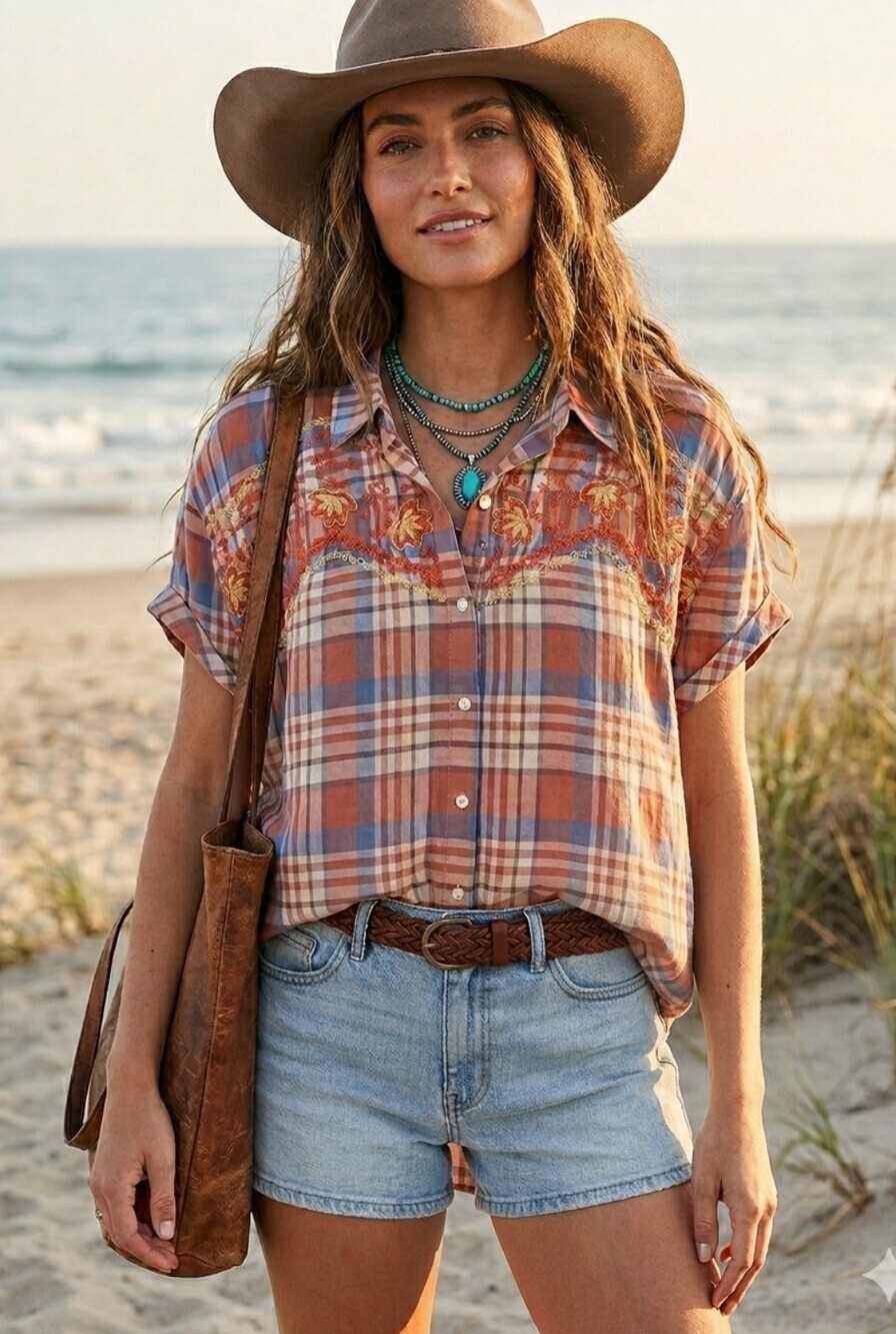 💕SKIES ARE BLUE💕 Embroidered Western Yoke Plaid Blouse ~ Plaid Large L NWT
